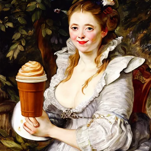 Prompt: heavenly summer sharp land sphere scallop well dressed lady drinking a starbucks coffee paper cup, auslese, by peter paul rubens and eugene delacroix and karol bak, hyperrealism, digital illustration, fauvist, starbucks coffee cup