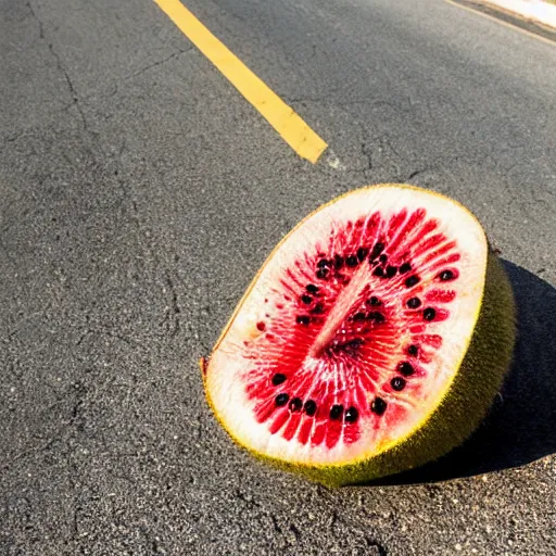 Prompt: huge kiwi fruit cut in half in the middle of the street, photographed
