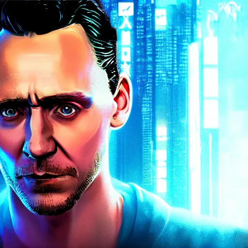 Image similar to tom hiddleston portrait, Cyberpunk 2077, cyberpsycho, photorealistic, ultra detailed, neon, octane, bokeh, cyber, cyberpunk city, feature, scars, cyberface, 8k