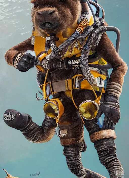 Image similar to detailed full body concept art illustration oil painting of an anthropomorphic capybara scuba-diver in full intricate clothing by Diane Whitehead, biomutant, ultra detailed, digital art, octane render