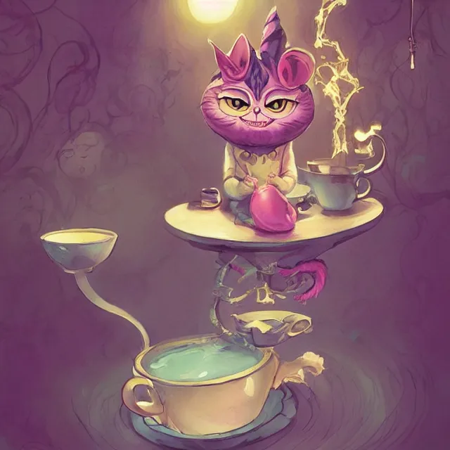 Image similar to cheshire cat drinking tea, by cory loftis, character art, very coherent, exquisite lighting, whimsical background, lighthearted, soft painting, masterpiece