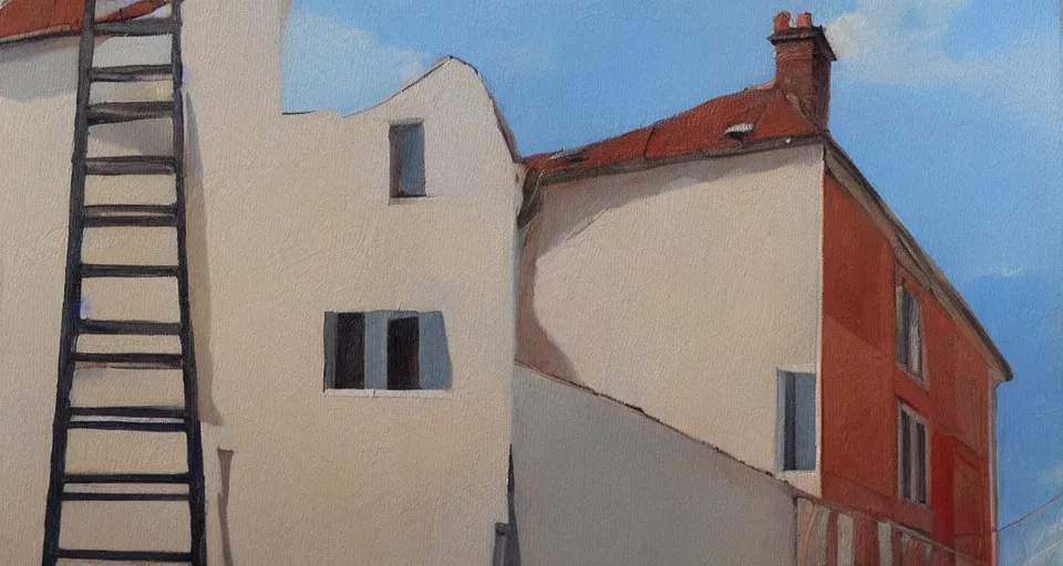 Image similar to a ladder leaning up against the side of a house, beautiful painting, oil on canvas, by ewa czarniecka, award winning masterpiece,