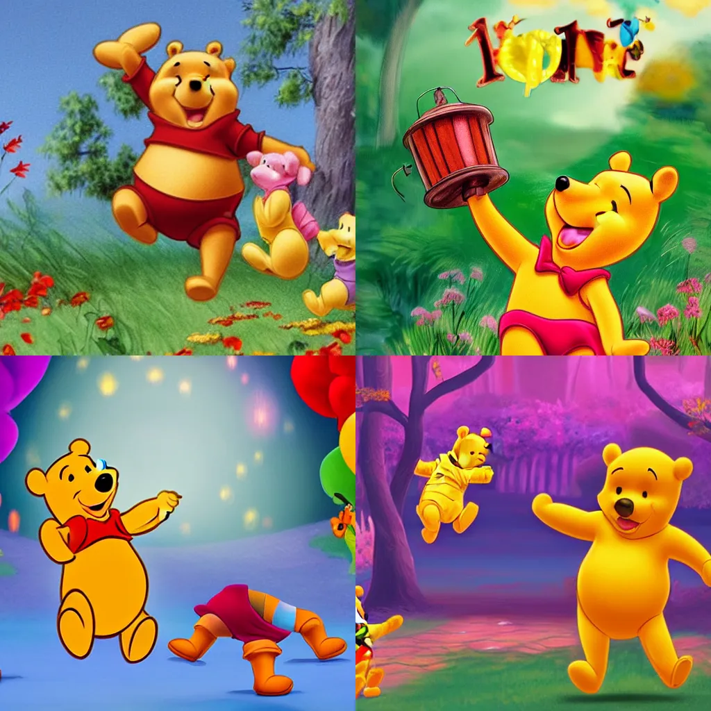 Prompt: Photo of Winnie the Pooh tap dancing over honey, ultra realistic, HD, 4K, Colorful