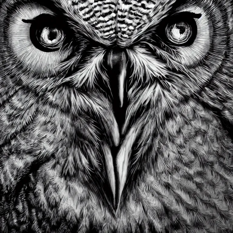 Image similar to hyperrealist highly detailed cinematic lighting studio portrait of a great horned owl, high contrast wood engraving, kentaro miura and junji ito manga style, shocking detail trending on artstation 8 k