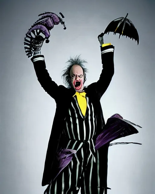 Image similar to photoshoot of michael keaton as beetlejuice, in the style of tim burton, photos by annie leibovitz