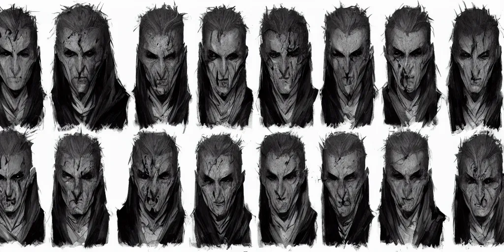 Image similar to gothic vampire character face detail designs, Greg Rutkowski, character sheet, kim jung gi, Darek Zabrocki, Karlkka, Jayison Devadas, Phuoc Quan, trending on Artstation, 8K, ultra wide angle, pincushion lens effect