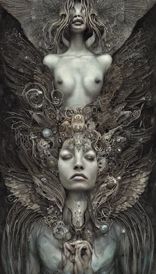 Image similar to wet plate photography of goddess with one wing reaching infinity and hungry souls around surrealistic intricate face, broken parts by klimt, artificial nightmares drawn by peter mohrbacher, zdzisław beksinski and thu berchs james gurney unreal engine octane, trending on artstation.