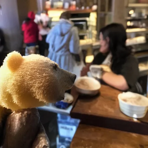 Prompt: a bear asking for a powdered sugar beignet