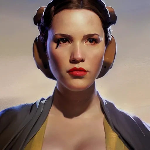 Prompt: greg manchess portrait painting of partially armored leia organa as overwatch character, medium shot, asymmetrical, profile picture, organic painting, sunny day, matte painting, bold shapes, hard edges, street art, trending on artstation, by huang guangjian and gil elvgren and sachin teng