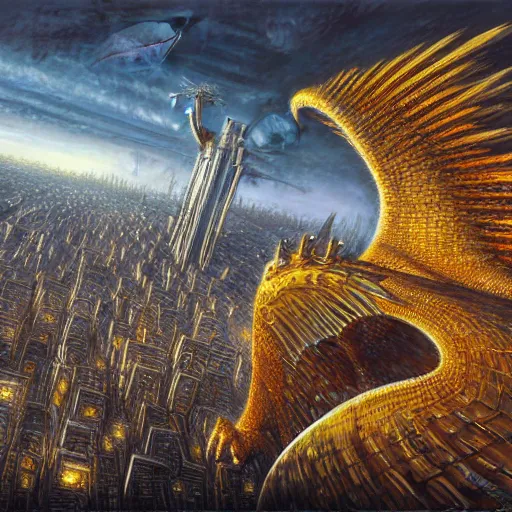 Image similar to winged kaiju attacks the city, atmospheric lighting, painted, intricate, golden hour, ultra detailed by peter gric, giger, enki bilal