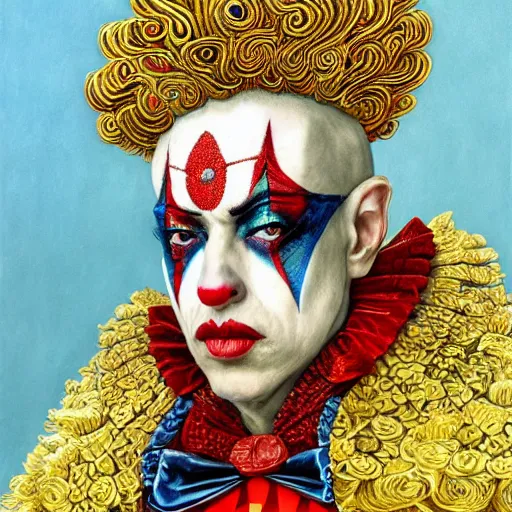 Image similar to uhd photorealistic detailed image of max current, the crypto emperor, dressed as emperor, wearing extremely intricate clown makeup, by ayami kojima amano karol bak