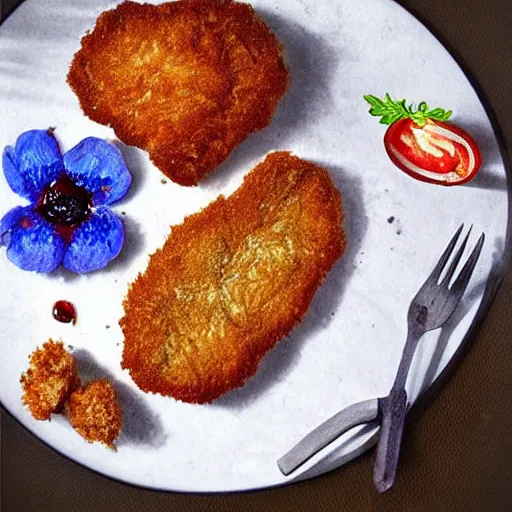 Prompt: epic illustration of a breaded steak with jam and a `blue flower`!!!!!!!!, best on artstation, cgsociety, much detail, much wow, masterpiece