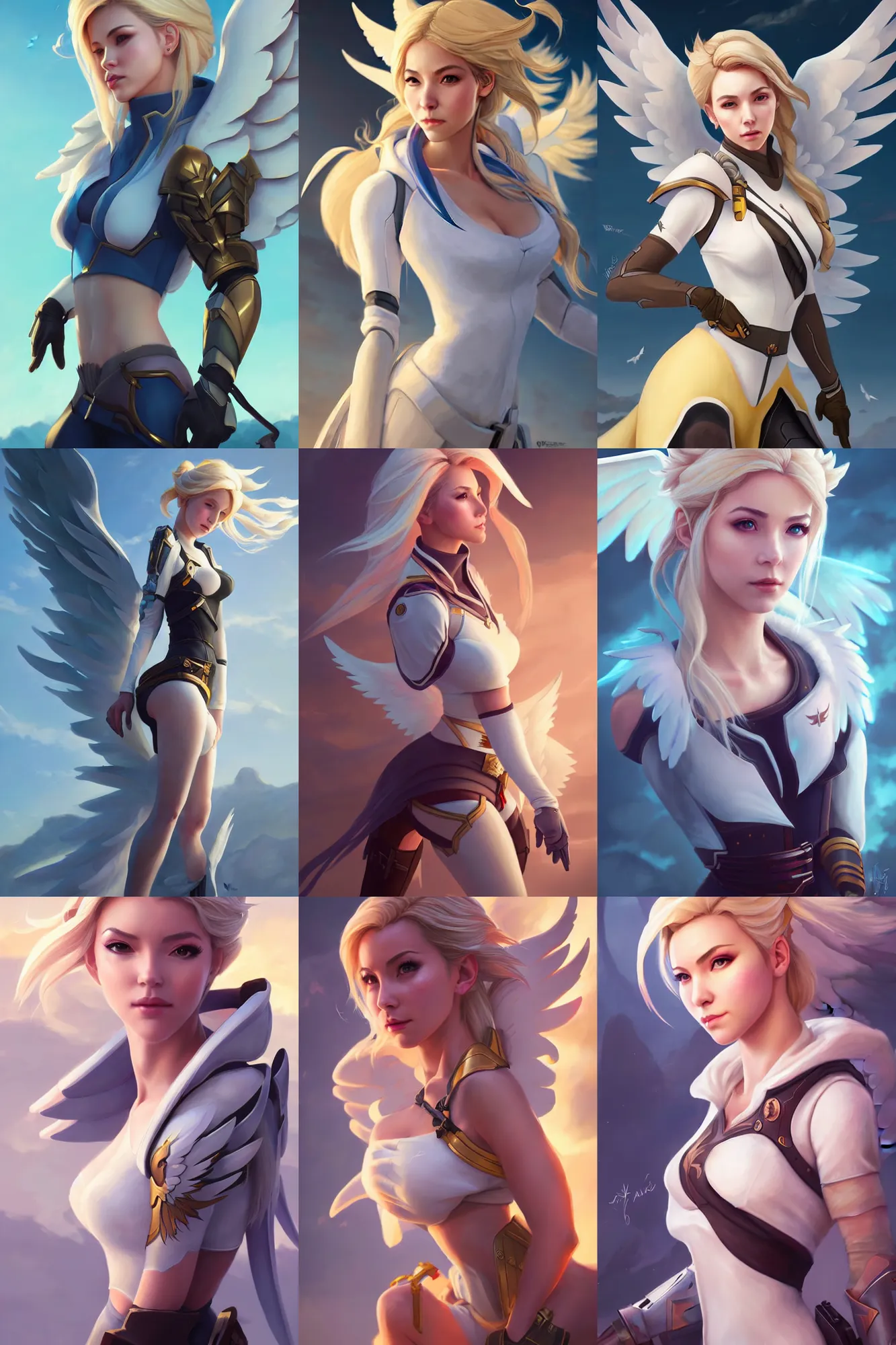 Prompt: a beautiful scenic painting of a beautiful young woman that looks like mercy from overwatch, armoured with wings, by artgerm and wlop and wes anderson and spike jonze