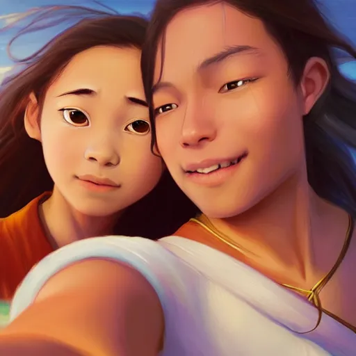 Image similar to beautiful serene intricate portrait of katara and toph taking a selfie, smiling softly, relaxing on the beach, golden hour, soft focus, 8 k, art by irakli nadar, hyperrealism, hyperdetailed, ultra realistic