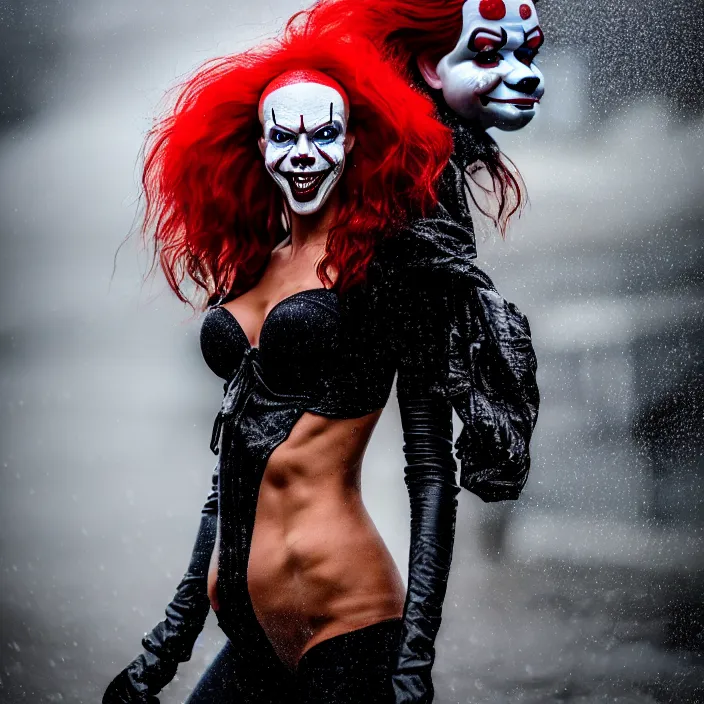 Image similar to fully body pose, photo of a very beautiful!! victoria secret model, pennywise, wet hair, raining, 8 k, hdr, smooth, sharp focus, high resolution, award - winning photo, trending on artstation, dslr, 5 0 mm
