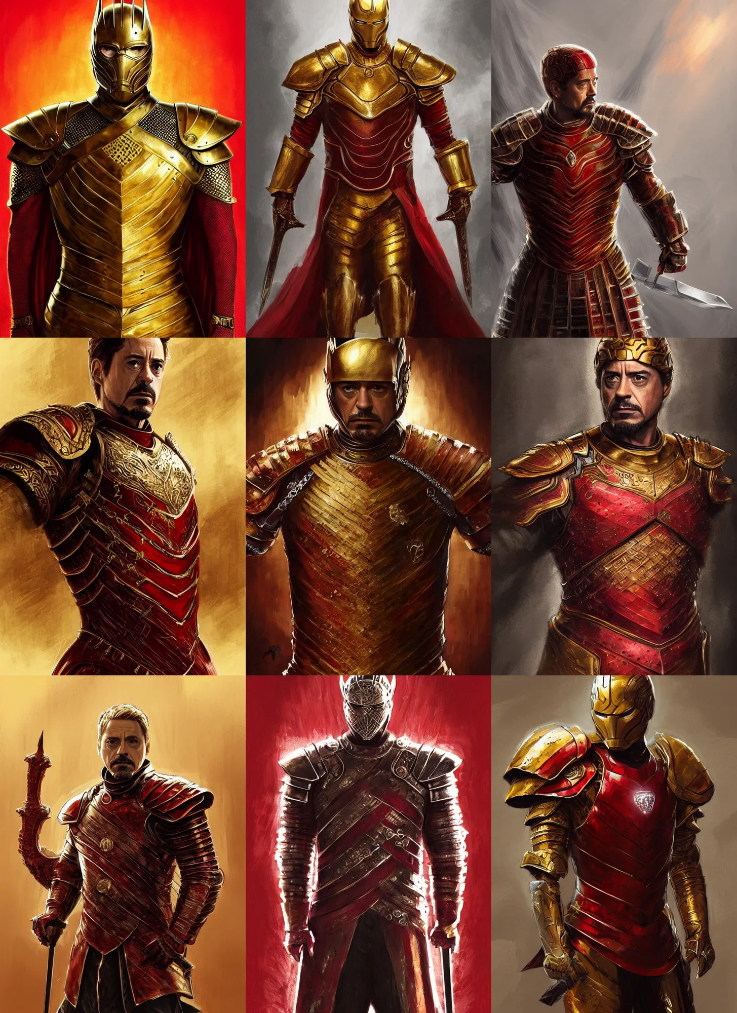 Prompt: robert downey jr wearing red and golden armour, holding sword, game of thrones, intricate, elegant, highly detailed, digital painting, artstation, concept art, sharp focus, illustration, aleksi briclot, rutkowski