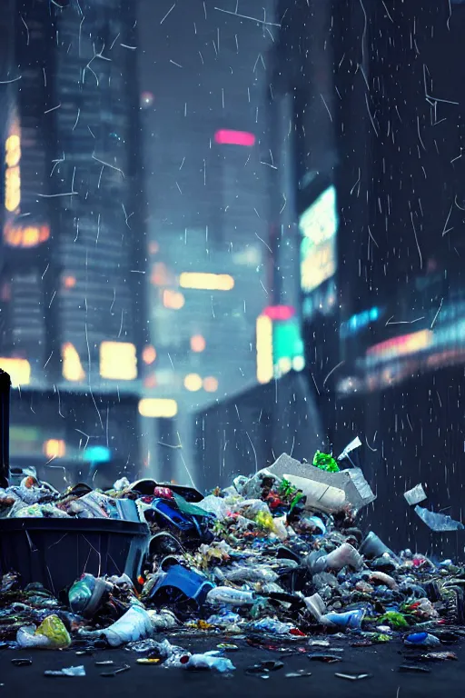 Image similar to trash falling from the sky, cyberpunk