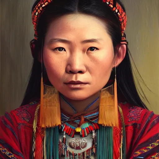 Prompt: portrait of an atayal woman ( 3 5 ) from taiwan in 2 0 2 1, an oil painting by ross tran and thomas kincade