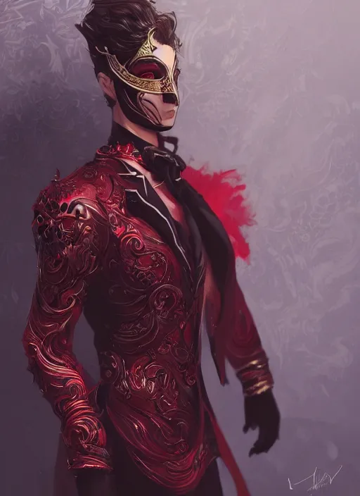 Image similar to a highly detailed illustration of short wavy haired man wearing masquerade and red and black suit, dramatic standing pose, intricate, elegant, highly detailed, centered, digital painting, artstation, concept art, smooth, sharp focus, league of legends concept art, wlop