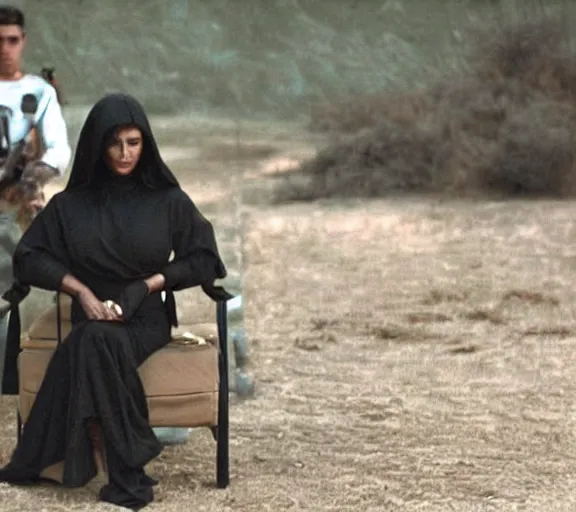 Image similar to a movie still of kim kardashian as a handcuffed prisoner with a chain around her neck bonded to a chair in the movie star wars