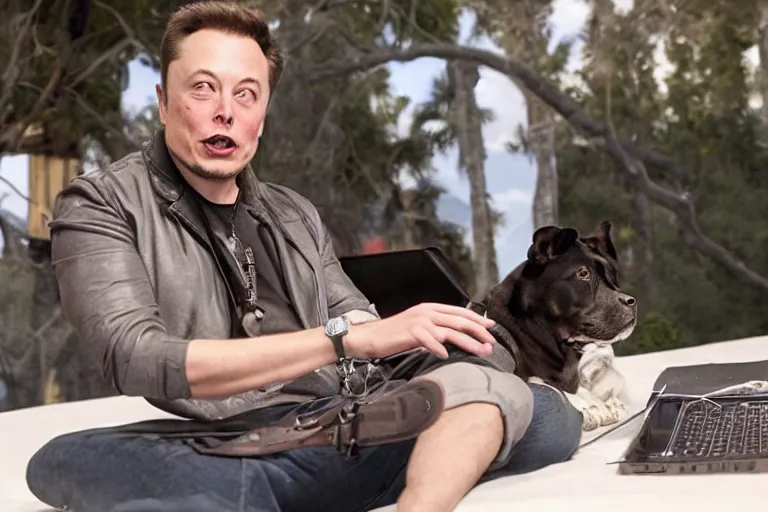 Image similar to elon musk dressed as sherif while hes on his laptop on amazon website with a dog, 8K, hyperrealistic, cinematic lighting