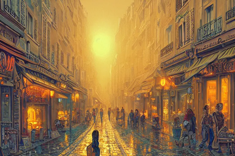 Image similar to a city street in paris under the dark sun, beautiful detailed pixelart by albertov, intricate details, beautiful, dithered gradients, volumetric lighting, cgsociety, artstation, smooth, sharp focus, 2 d illustration, amazing art by dan mumford