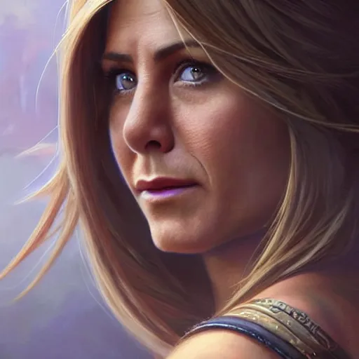 Image similar to jennifer aniston, deep focus, d & d, fantasy, intricate, elegant, highly detailed, digital painting, artstation, concept art, matte, sharp focus, illustration, hearthstone, art by artgerm and greg rutkowski and alphonse mucha