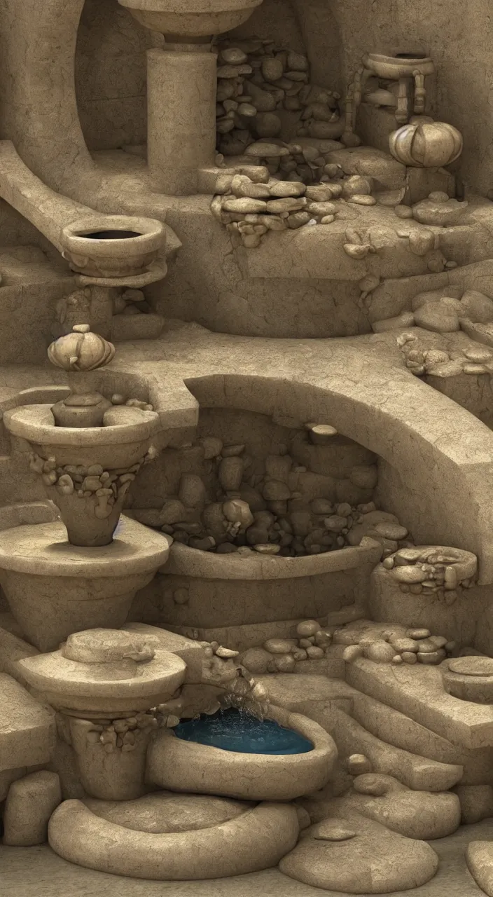 Prompt: a stream of water entering into a machine made from amphoras and producing a large coin, in the style of a fountain, fururiatic, 3 d render, isometric, engineering, dynamic lighting, clay texture, 8 k