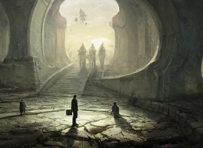 Prompt: a land outside of time and space with a Fort in the middle, water tunnels below and a big gate to another dimension a man standing watching over baffled ,outdoor, digital art,realistic,detailed,art by greg rutkowski