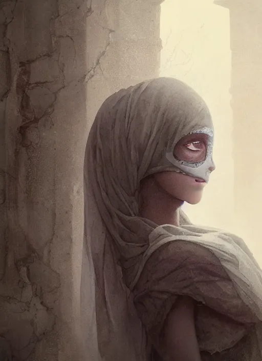 Prompt: close up of a veiled half scull mask girl on the ruins temple, looking at the camera very curiously, fingers on lips, smog on the floor, extremely beautiful and aesthetic and attractive and cute detailed face and body, intricate, chiaroscuro, model pose, fantasy illustrations, vogue cover, by makoto shinkai and jeremy lipking and ferdinand knab