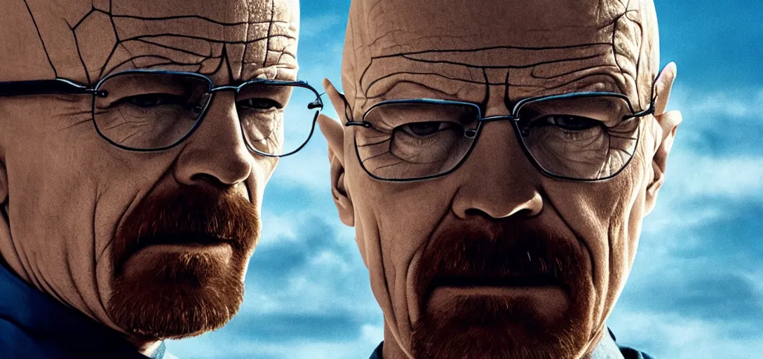 Image similar to Walter White as Spider-Man, film still, wide-shot, full shot, cinematic lens, heroic portrait