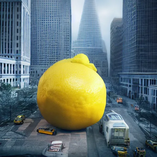 Prompt: gigantic lemon monster invading detroit, dslr, 8 k, octane beautifully detailed render, cold mood, cinematic lighting, detailed photo, masterpiece, volumetric lighting, ultra realistic, highly detailed, high quality, lossless, photorealistic