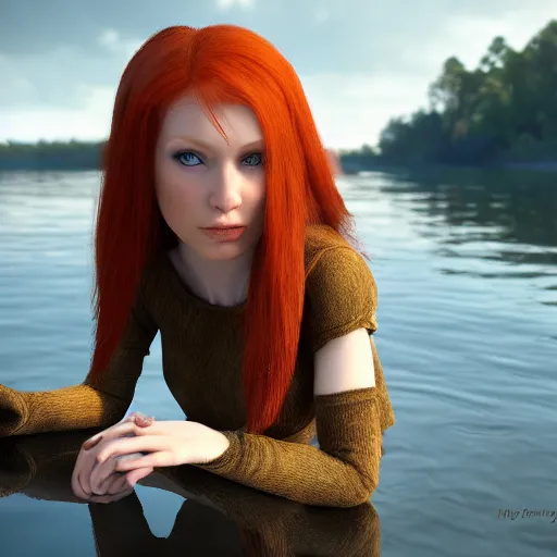 Image similar to beautiful female redhead elf warrior sitting next to a beautiful lake at dawn, enjoying the wind, 8k ultra realistic, award winning, unreal engine 5, masterpiece, atmosphere glow, hyperrealistic, focused, extreme details, cinematic