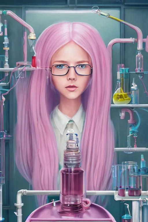Prompt: highly detailed, industrial photography profile portrait of adult princess bubblegum from adventure time, working in her science lab, wearing lab coat & glasses, long bubblegum hair with long straight bangs, confident, beautiful, attractive, illustration concept art by nicoletta ceccoli, mark ryden, lostfish, detailed and intricate environment, 8 k resolution, hyperrealistic, octane render