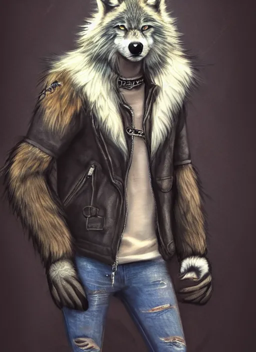 Prompt: award winning beautiful portrait commission of a male furry anthro wolf fursona with a bushy tail and a leather jacket, cute, beautiful, attractive, detailed,