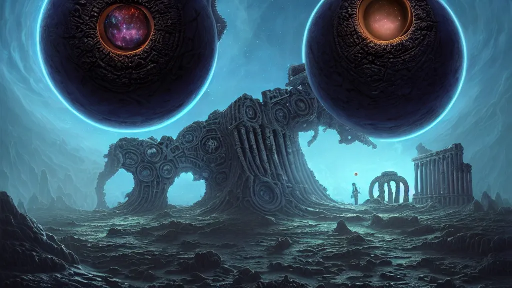 Image similar to the anatomy of a celestial cosmic lovecraftian horror monster by bruce brenneise and peter mohrbacher and h r giger, ancient ruins in background, large exoplanet in the sky, alien planet with craters and large structures, 3 d render, neosurrealism. digital concept art, pixel art, rendered in octane, trending on cgsociety, trending on artstation