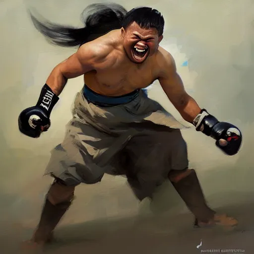 Image similar to greg manchess portrait of a laughing filipino mma fighter with a sword laughter, profile picture, organic painting, sunny day, matte painting, bold shapes, hard edges, street art, trending on artstation, by huang guangjian, gil elvgren, ruan jia, randy vargas, greg rutkowski