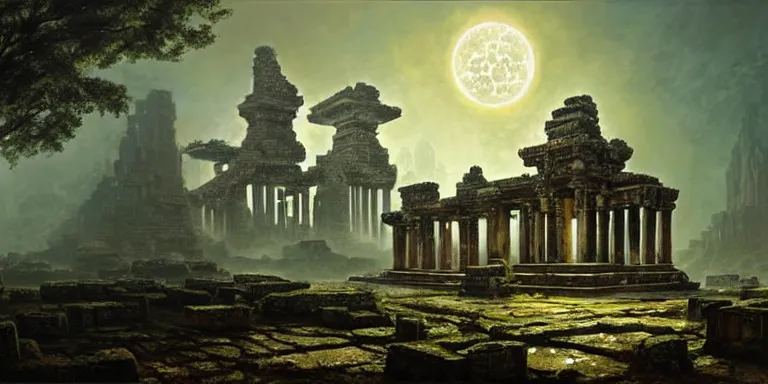 Image similar to beautiful hyperrealistic spectacular painting of the mysterious intricate ruins of the mysterious ancient temple, an advanced alien technology timemachine with a green glowing crystal from the future is inside the temple, by hubert robert and lee madwick and bastien lecouffe deharme, dramatic moonlight lighting, advanced technology