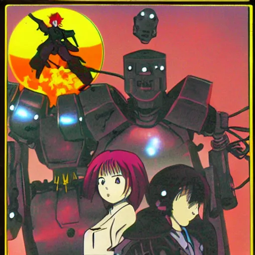 Image similar to old vhs tape of an anime about a group of vampiric robots hunting down humans to use as power sources, nongraphic, cover art