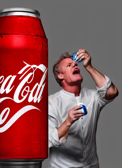 Image similar to Gordon Ramsey chugging an entire 4 liter bottle of coca cola, intense expressionate photograph, high quality, detailed, sharp, 4k, trending on artstation, raytraced