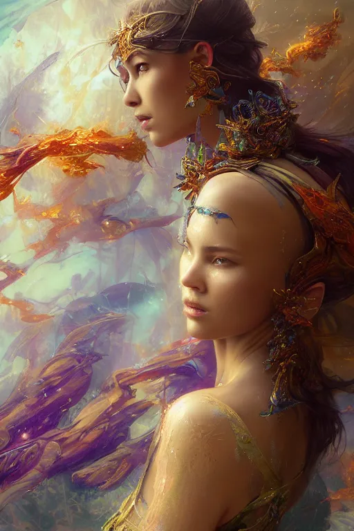 Prompt: portrait of etheral godess surounded by firebirds in intricate detailed color smashing fluid oilpaint, 3 d render, hyper realistic detailed, color leaves, ruan jia, wlop. scifi, fantasy, hyper detailed, octane render, concept art, intense colors by peter mohrbacher, by wlop, by ruan jia, by alphonse mucha