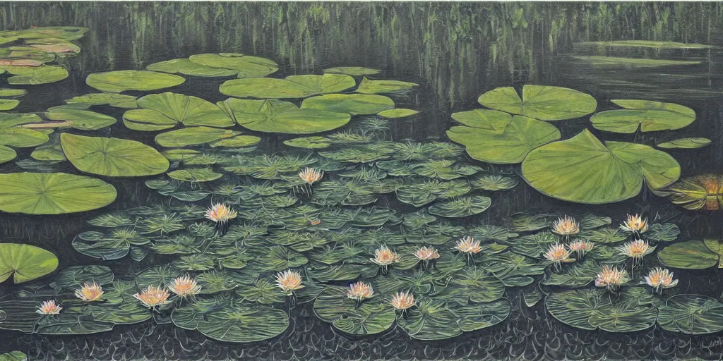 Image similar to a beautiful painting of waterlily pond by aaron horkey, trending on artstation