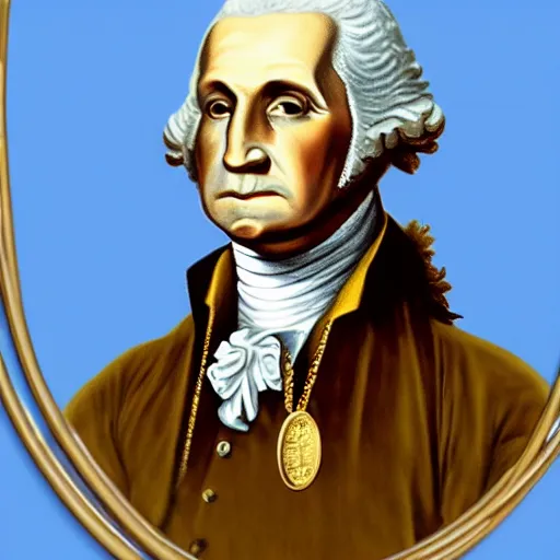 Image similar to a photorealistic colored pencil sketch of a distinguished George Washington wearing a gold chain around his neck with a small Doubloon coin attached as a necklace. This 4K HD image is Trending on Artstation, featured on Behance, well-rendered, extra crisp, features intricate detail and the style of Unreal Engine.