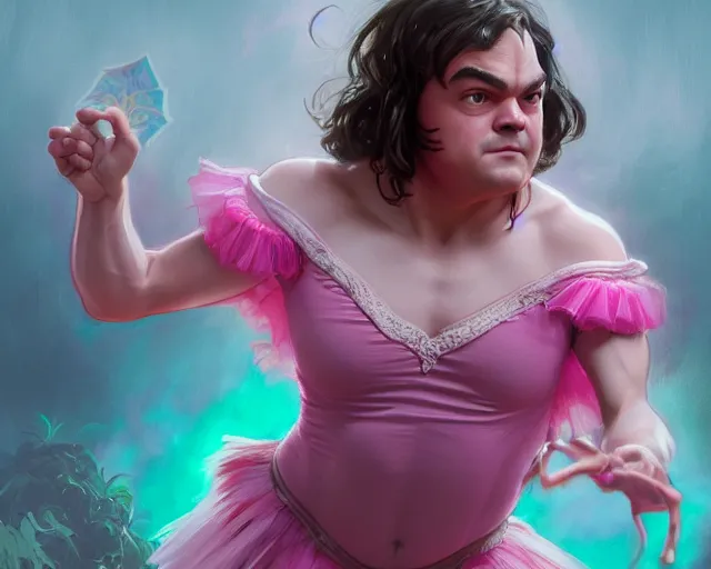 Prompt: photography of jack black dancing in a pink ballerina outfit, full body shot, deep focus, d & d and mtg, fantasy, intricate, elegant, highly detailed, digital painting, artstation, concept art, matte, sharp focus, illustration, hearthstone, art by artgerm and greg rutkowski and alphonse mucha