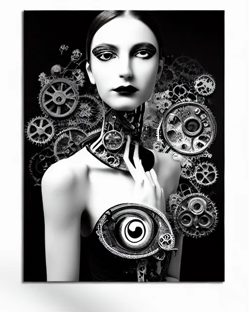 Image similar to black and white masterpiece profile portrait painting with no frame, one steampunk eye silver lace floral biomechanical beautiful young female cyborg, big monocular, volumetric light, hibiscus flowers, by dora maar, rim light, big gothic fashion pearl embroidered collar, 8 k