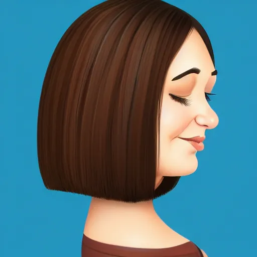 Prompt: chubby 30 year old brunette woman with straight hair in a short bob, round face, romanian heritage, brown eyes, olive skin, bulbous nose, big chin, wide face, no bangs, digital art, painterly, cartoon, cute, 8k, illustration, trending on artstation, medium shot, head and shoulders