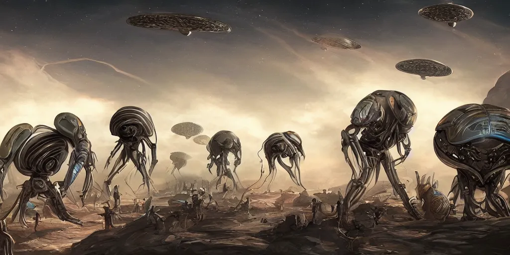 Image similar to digital art, trending on artstation, race of technobiological aliens in a meeting at their base in the galaxy
