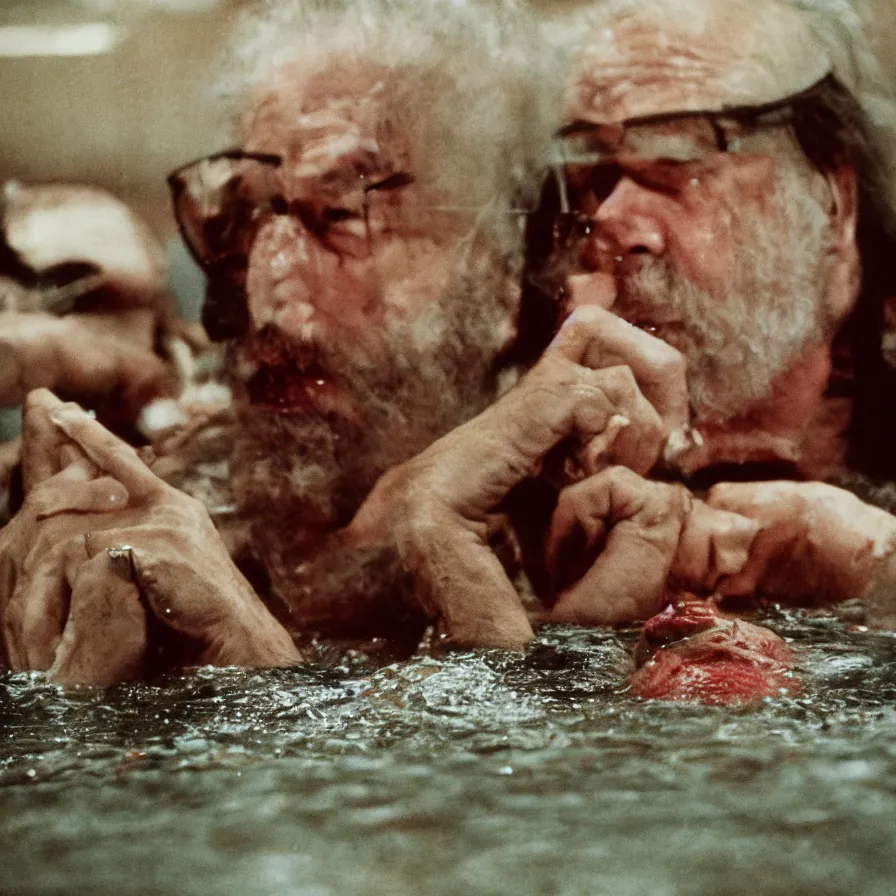 Image similar to 7 0 s movie still of an old man drowning in a soviet ballroom flooded in blood, cinestill 8 0 0 t 3 5 mm, heavy grain, high quality, high detail