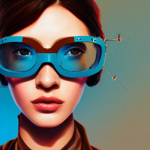 Image similar to closeup painting of a very beautiful young mexican cyberpunk woman with a smirk, wearing light blue shutter shades and a dark brown leather jacket, one side haircut, brown hair, portrait, hyperdetailed, artstation, cgsociety, 8 k, synthwave by tangerine dream