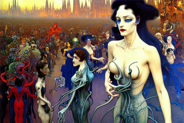 Image similar to realistic extremely detailed portrait painting of an elegant vampire in a crowded futuristic street, detailed alien crowd in the background by Jean Delville, Amano, Yves Tanguy, Alphonse Mucha, Mark Brooks, Ernst Haeckel, Edward Robert Hughes, Roger Dean, rich moody colours, blue eyes